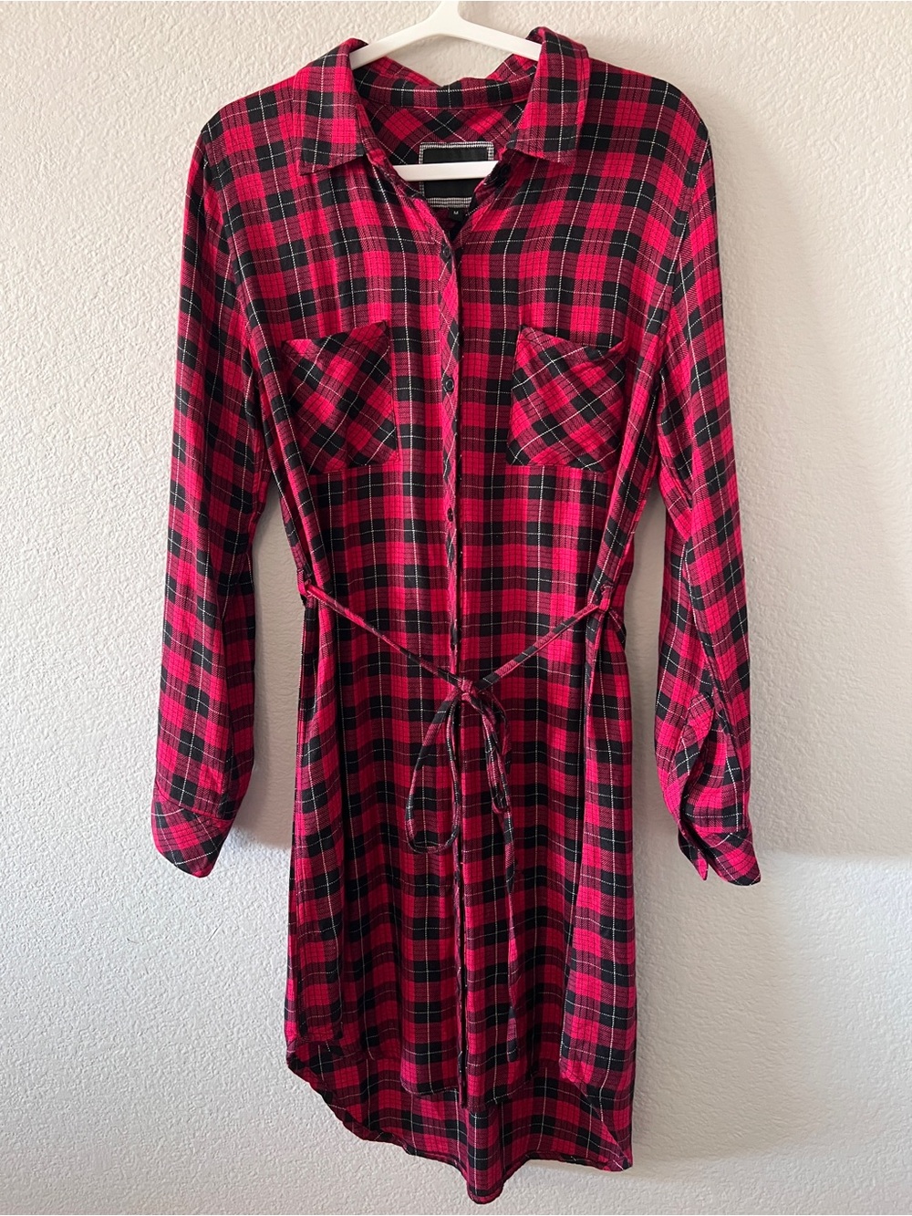 RAILS Blair Plaid Pink/Black Flannel Button Down Tunic Dress Sz M Belted